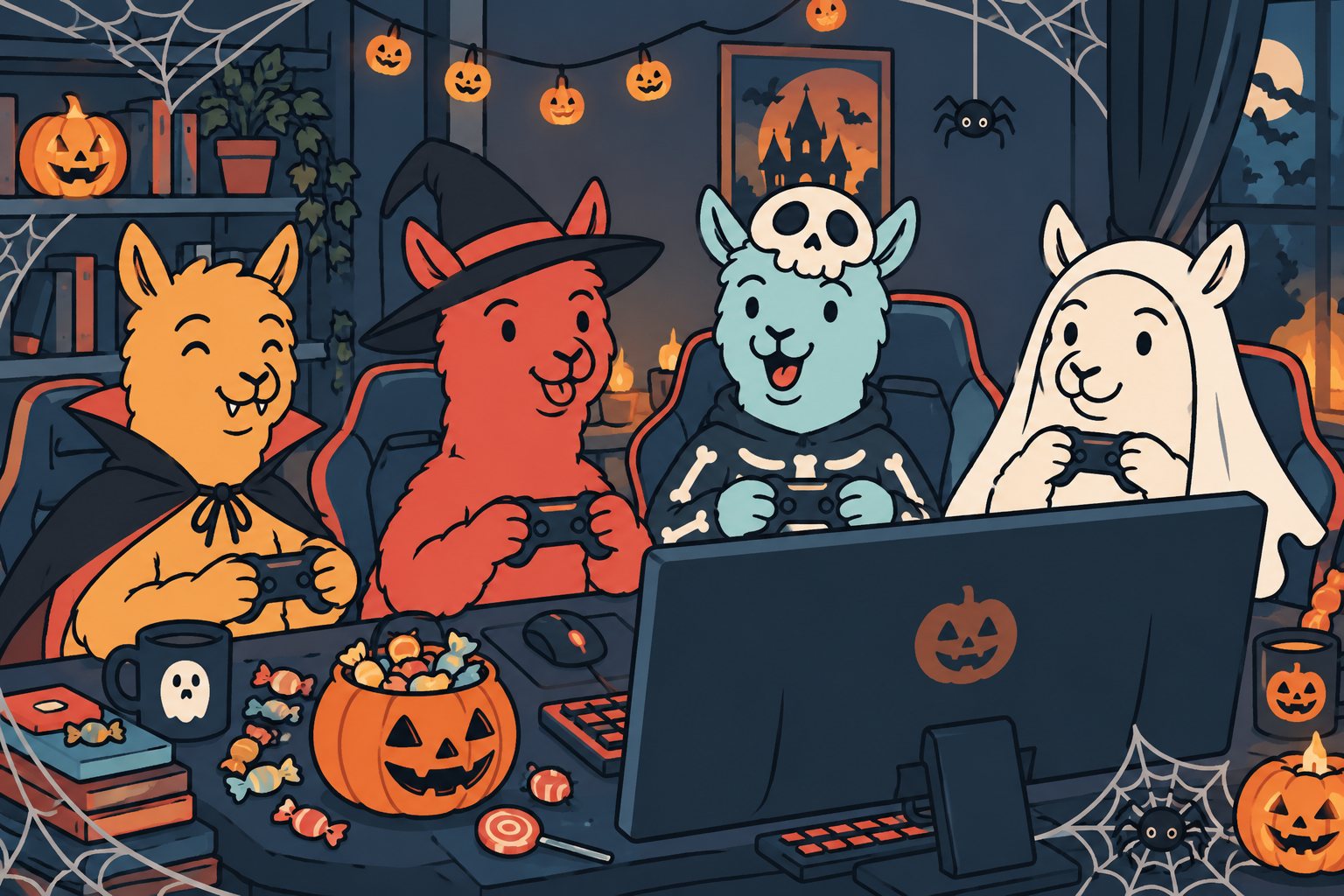 Four alpacas dressed as a vampire, a witch, a skeleton and a ghost play video games in a cosy room decorated with pumpkins and cobwebs.